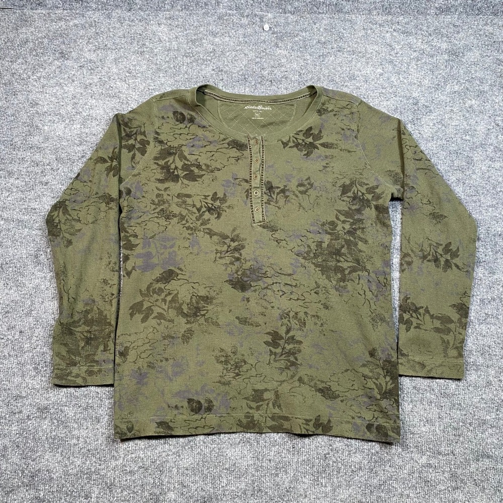 Eddie Bauer Mens XXL Olive Green Floral Waffle Knit Thermal Henley Long Sleeve